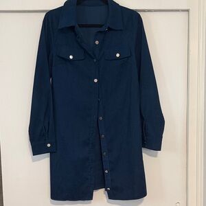 Navy Blue Fine Corduroy Button-Up Shirt Dress Medium